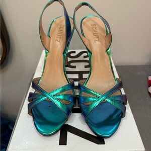 SCHUTZ Shimmering Teal Strappy Heels